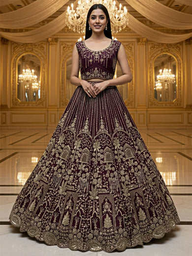 Attractive Wine Hand Work Net Bridal Lehenga Choli With Dupatta